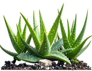 Many green aloe plants with sharp leaves growing from dark soil