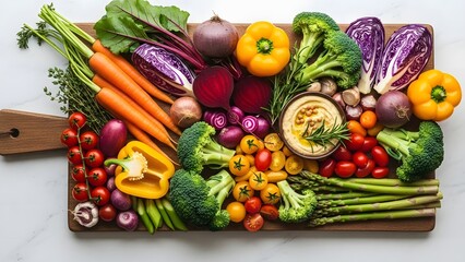 Colorful fresh vegetables assortment on wooden cutting board