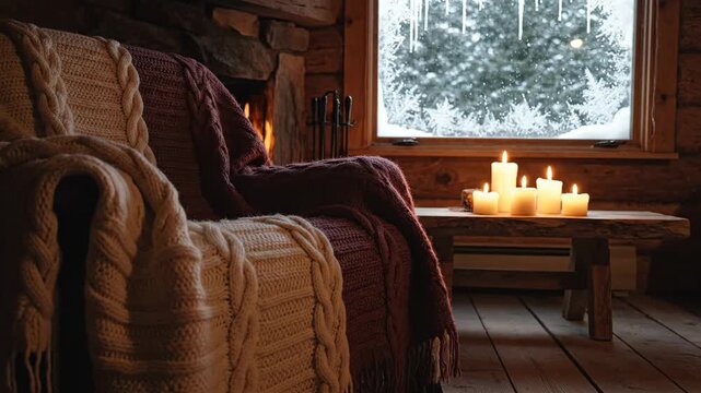 Cozy cabin interior with soft candlelight ambiance creating warm welcoming