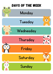 Fototapeta premium Days of the Week Poster Cute Colorful Illustrative Style 
