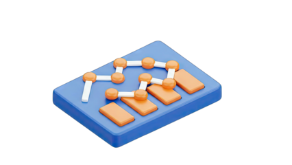 3D Isometric Illustration of a Business Growth Chart with Orange Bars and Blue Connecting Nodes on a Transparent Background