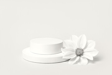 Demonstrating the colors of 2026 - Cloud Dancer. Concept scene stage showcase for new product, banner, promotion sale, cosmetic, presentation. Round podium and white dahlia flowers.