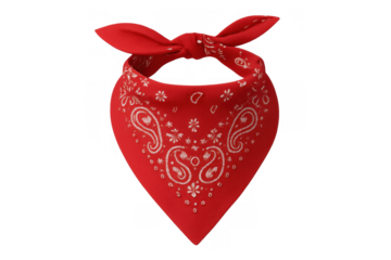 Red paisley bandana with neckerchief knot accessory, classic fashion textile. Western cowboy style, a kerchief cut out on transparent background