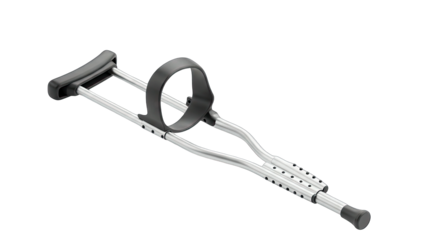 A Pair of Silver Medical Crutches with Black Handles and Straps on a Transparent Background