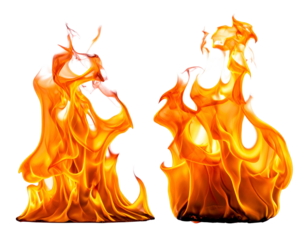 Two vibrant, abstract fire figures conversing on a black background