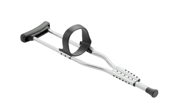 A Pair of Silver Medical Crutches with Black Handles and Straps on a Transparent Background