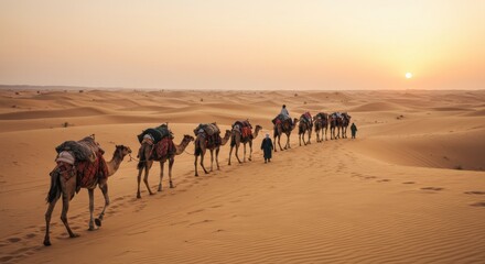 Caravan of camels traveling through vast desert sands at sunrise with riders and sand dunes in the background