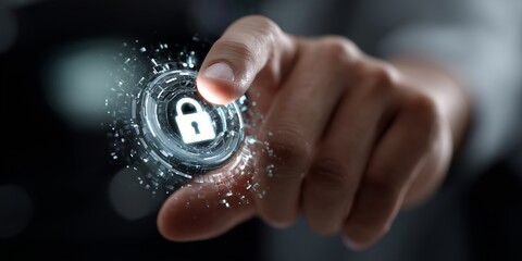 A User Engaging with a Digital Security Interface Featuring a Lock Icon Emphasizing Cyber Protection and Privacy Technology