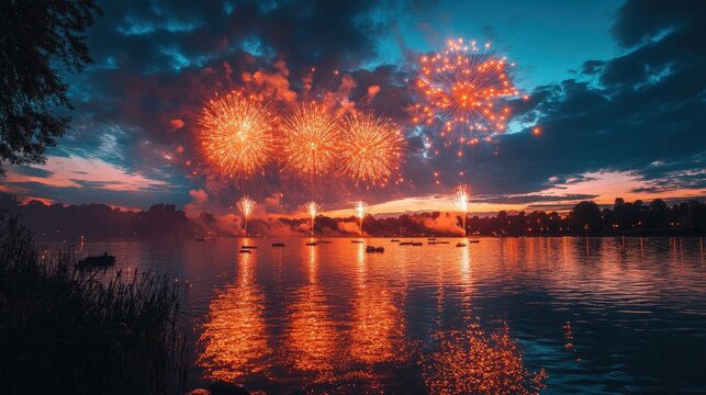 A stunning nighttime photograph captures a vibrant fireworks display reflecting on a calm lake. Silhouetted trees provide a beautiful backdrop, with boats gently floating in the water.