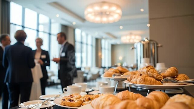 Elegant business meeting with a buffet of freshly baked croissants and pastries in a modern conference room, fostering networking and collaboration among professionals.