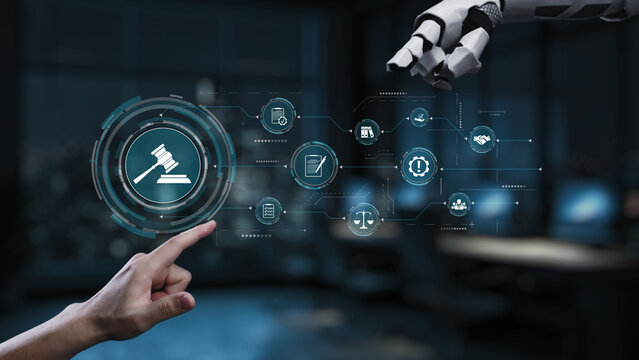 A vivid depiction of a human hand interacting with a robotic arm in a modern law office environment, showcasing digital legal icons and technology integration. Synapse