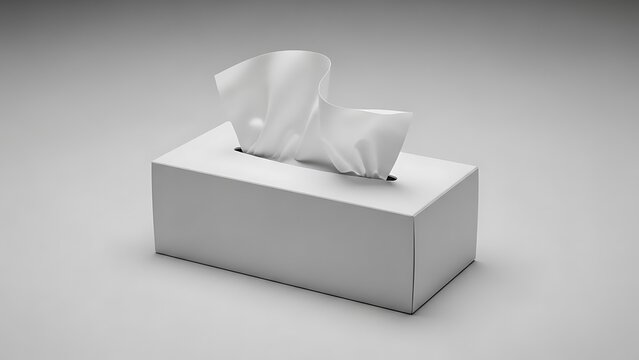 Ultra quality image of box of tissues mockup concept. A simple white tissue box with tissues partially pulled out, set against a neutral gray background. High quality
