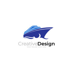 simple cruise ship and wave combination logo design vector with flat style in blue color