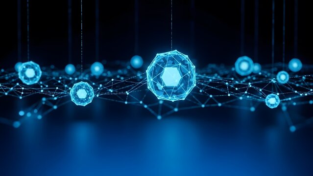 Digital Network: A luminous digital network pulsates with interconnected nodes and glowing spheres, representing the intricacies of technology and data transfer.