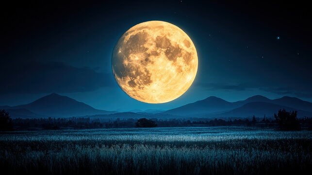 A stunning image of a full moon illuminating a tranquil mountain and forest landscape, captured under a deep blue night sky.  Evokes feelings of peace and wonder.