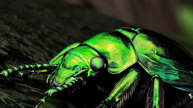 Emerald Beetle's Close-up: a high-definition macro image highlighting the intricate details and iridescent beauty of an emerald beetle on tree branch