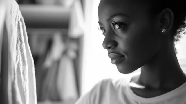 Museful young lady, thoughtful expression, black and white, select focus, sunlight filtering through window blinds, portrait orientation