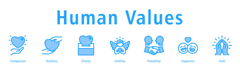 Human values icon vector concept highlighting compassion, kindness, charity, humility, happiness, and supportive connections.
