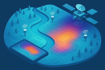 Topographical digital mapping illustrates the confluence of technology and nature showcasing satellite communications and geolocation innovation in a harmonious landscape