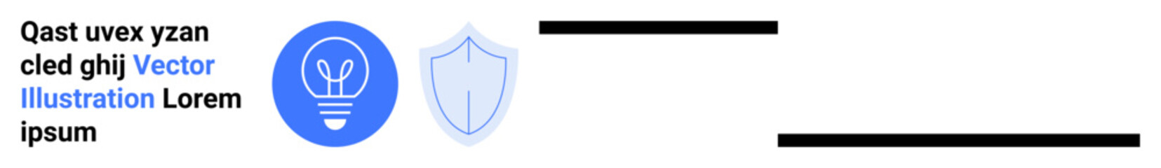 Innovation, security, knowledge, protection, creative ideas, technology. A blue lightbulb icon and a shield icon on a white background. Innovation and security concept imagery