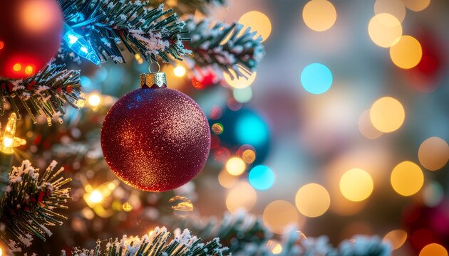 Christmas tree decorated with ornaments and colorful bokeh lights, suitable for holiday greeting cards, social media posts, and seasonal designs.