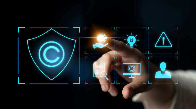 Digital copyright protection system showing secure ownership, intellectual property rights, content verification, and legal warning icons for creators and publishers Latch