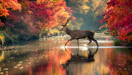 A deer walks gracefully through a reflective river surrounded by vibrant autumn foliage in warm, colorful sunlight.