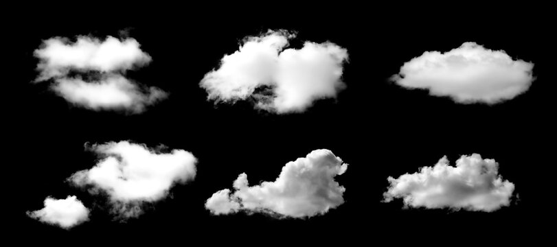Set of six isolated white clouds on a deep black background, showcasing soft texture, natural vapor forms, and atmospheric detail for weather themes, creative design assets, and abstract visuals.