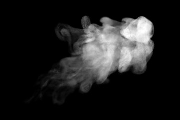 Soft drifting white smoke forming dynamic swirling shapes on a dark black background, creating an abstract atmospheric texture perfect for motion graphics, visual effects, and creative design projects