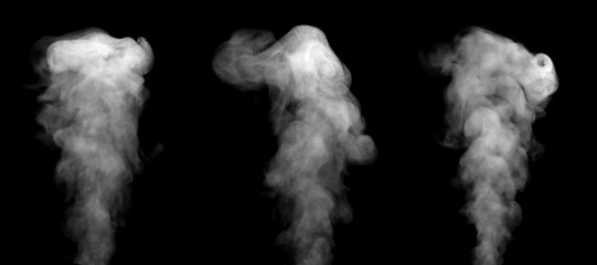 Set of isolated white smoke clouds on a black background, creating atmospheric vapor textures suitable for visual effects, motion graphics, compositing, and dramatic cinematic elements.