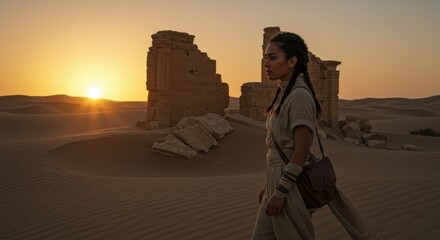 Fototapeta premium A young woman walks through the desert at sunset near ancient stone structures