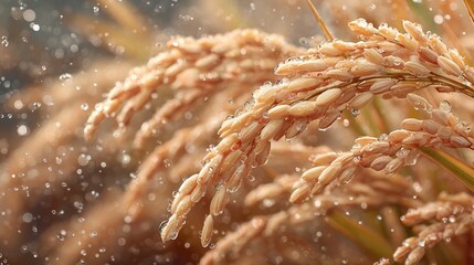 Fototapeta premium Close-Up of Golden Rice Grains with Water Droplets in a Soft Natural Environment