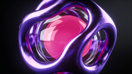 3D rendered futuristic orb with glowing magenta core encased in glossy purple metallic loops and translucent glass lattice, vibrant, surreal, high-tech aesthetic