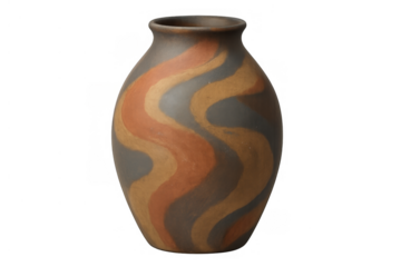 Hand-painted ceramic vase displaying earthy wavy stripes on a dark background, clay pottery with traditional design artwork