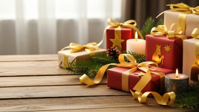 Epiphany celebration concept with gift box, candle, fir branch, and wise man silhouette for religious holiday greeting card.