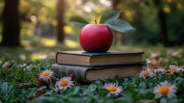 A vibrant red apple sits prominently on two weathered books, set against a charming backdrop of a daisy-filled field. A rustic and peaceful scene. - Powered by Adobe