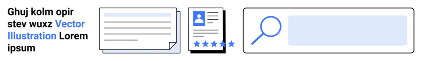 Online reviews, search optimization, digital content, profile identity, web functionality, feedback management. Set of icons showing text blocks, profile card with stars and a search bar. Online