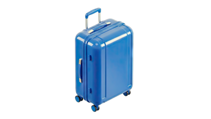 A vibrant blue rolling suitcase with a retractable handle and wheels isolated on a clean white background perfect for travel and luggage concepts