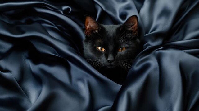 Curious black cat hidden in silky fabric