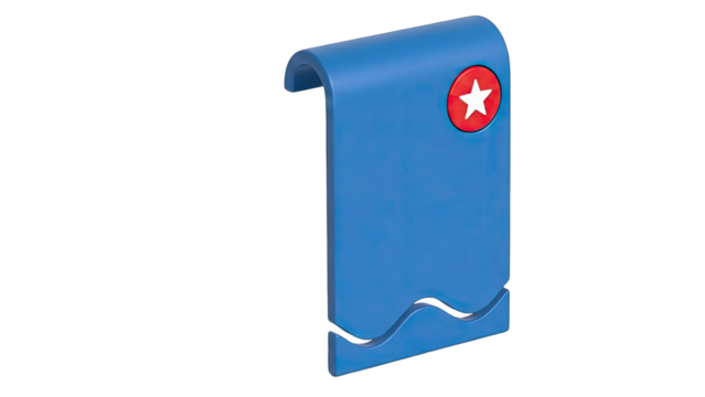 A Vibrant Blue Rectangular Object With a Red and White Star Emblem Centered on its Surface Against a Clean White Backdrop Showcasing a Simple Geometric Design