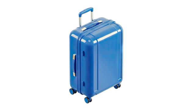 A vibrant blue rolling suitcase with a retractable handle and wheels isolated on a clean white background perfect for travel and luggage concepts