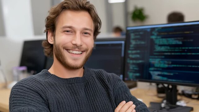 Young man programmer smiling in office with computer code on monitors confident developer portrait positive professional atmosphere