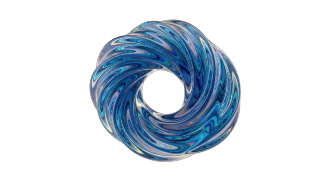 Abstract Blue Torus Shaped Object with Swirling Textured Pattern and Glittering Accents on a Transparent Background Detailed Macro View