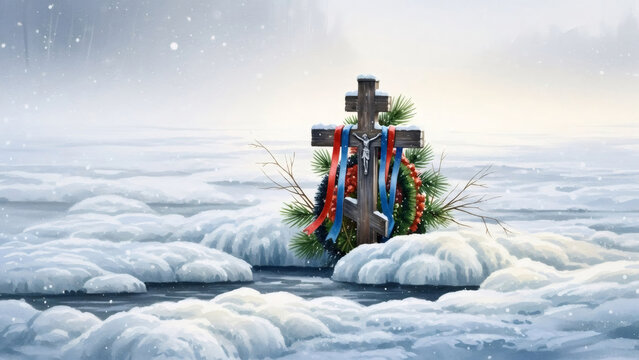 Orthodox cross with a wreath and ribbons in winter landscape. Epiphany feast decoration. Religious winter holiday for Epiphany.