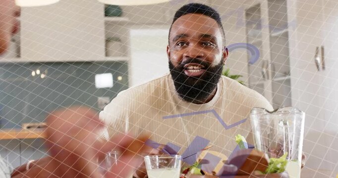 Bearded man starting chat, uniting family, gesturing and leaning at table, tech grid overlaying