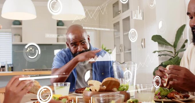 Senior man starting speaking and gesturing, others passing bread, sharing meal, HUD over table