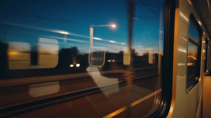 Train window view at dusk, motion blur, railway travel, transportation
A view from inside a moving train at dusk. The motion blur creates a sense of speed and travel, showcasing the journey. - Powered by Adobe