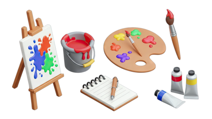 Artistic Tools Collection on Transparent Background Including Easel with Canvas Paint Bucket Palette Brushes Notebook and Tubes of Paint