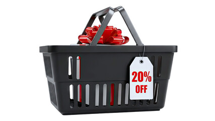 Fototapeta premium Black Shopping Basket With Red Ribbon Decoration And 20 Percent Off Discount Tag Isolated On White Background Studio Shot
