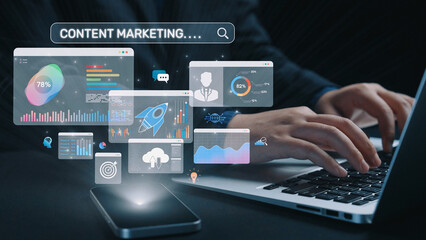 Content marketing interface with data dashboards, analytics charts, and content tools. Marketing...